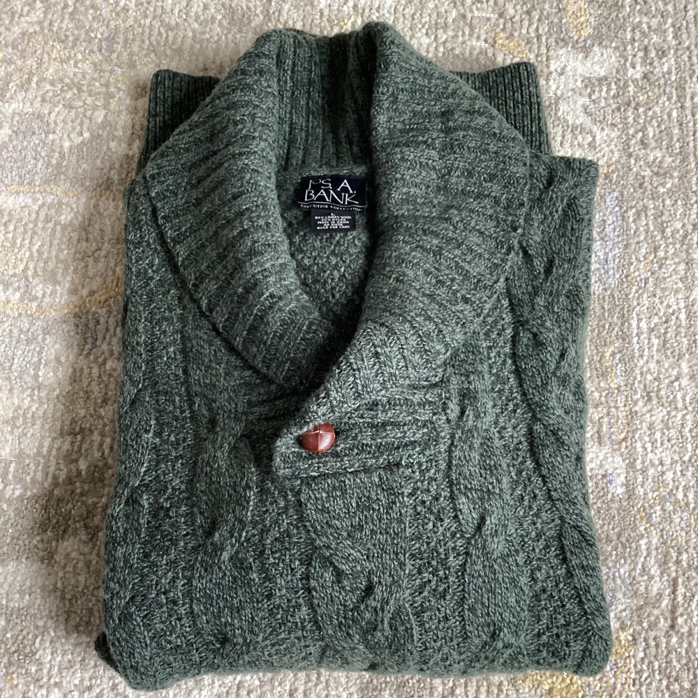 Jos.A.Bank Lambswool shawl collar vintage Mens Large cable knit sweater pullover